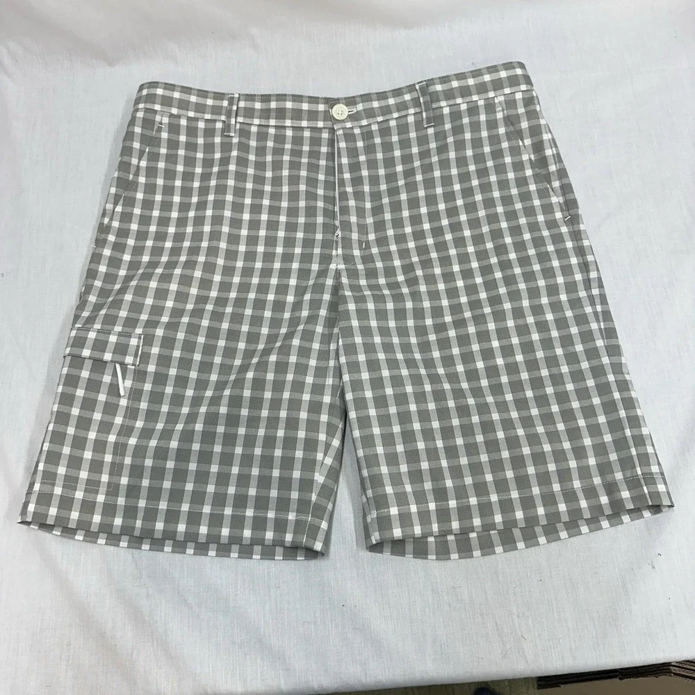 Greg Norman Shark For Tasso Elba Shorts Slim Fit Men's 35 Golf  Gray Plaid Check